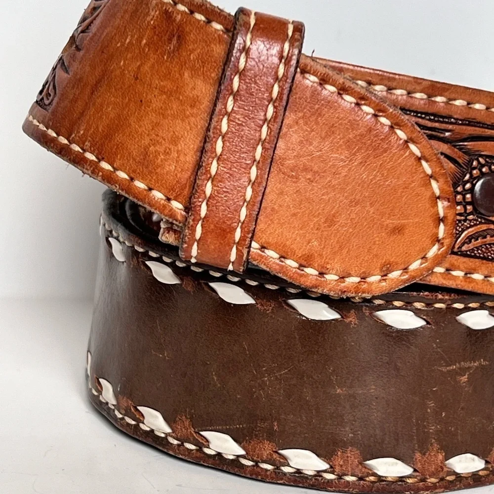 Vintage Brown Leather Tooled Western Style Leather Belt Unisex Casual